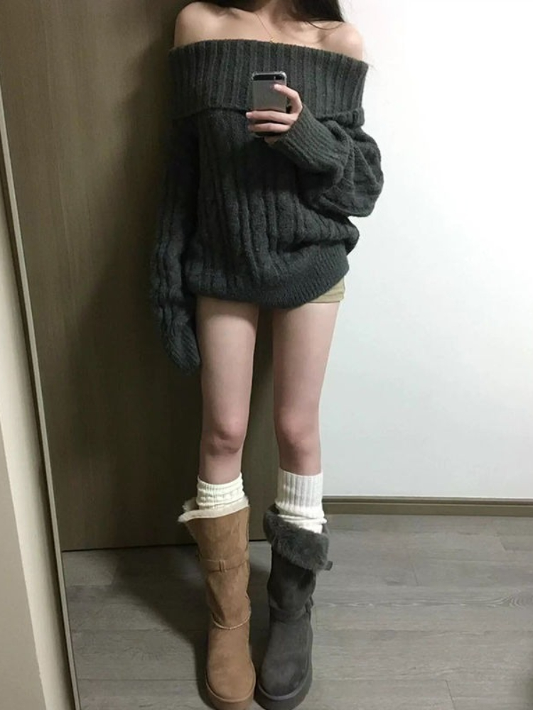 French Design Grey Off Shoulde - Winter Clothing Factory Outlet ulasan dan harga