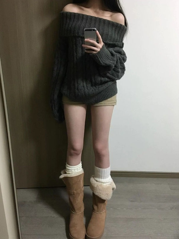French Design Grey Off Shoulde - Winter Clothing Factory Outlet ulasan dan harga