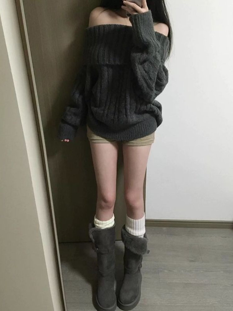 French Design Grey Off Shoulde - Winter Clothing Factory Outlet ulasan dan harga